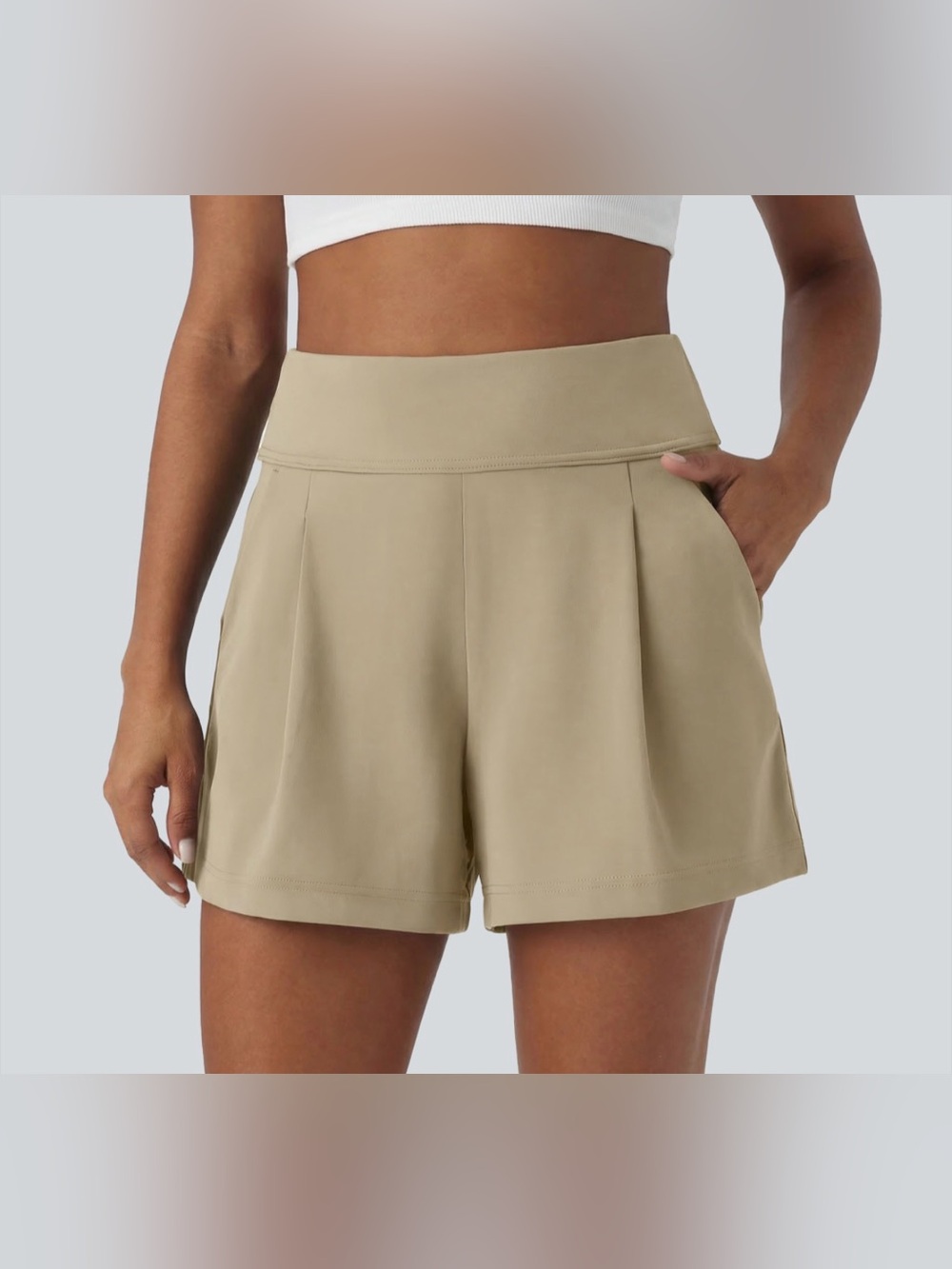 HALARA Women’s DayStretch High Waist Work Baggy Shorts, Fields of Rye, Pockets